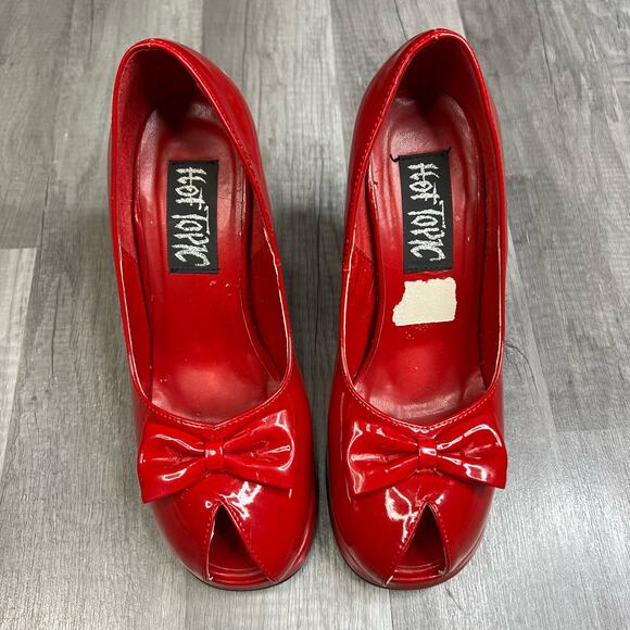 Vintage Hot Topic Red Faux Leather Platform Peep Toe Heels Pumps Pin Up - Picture 2 of 10